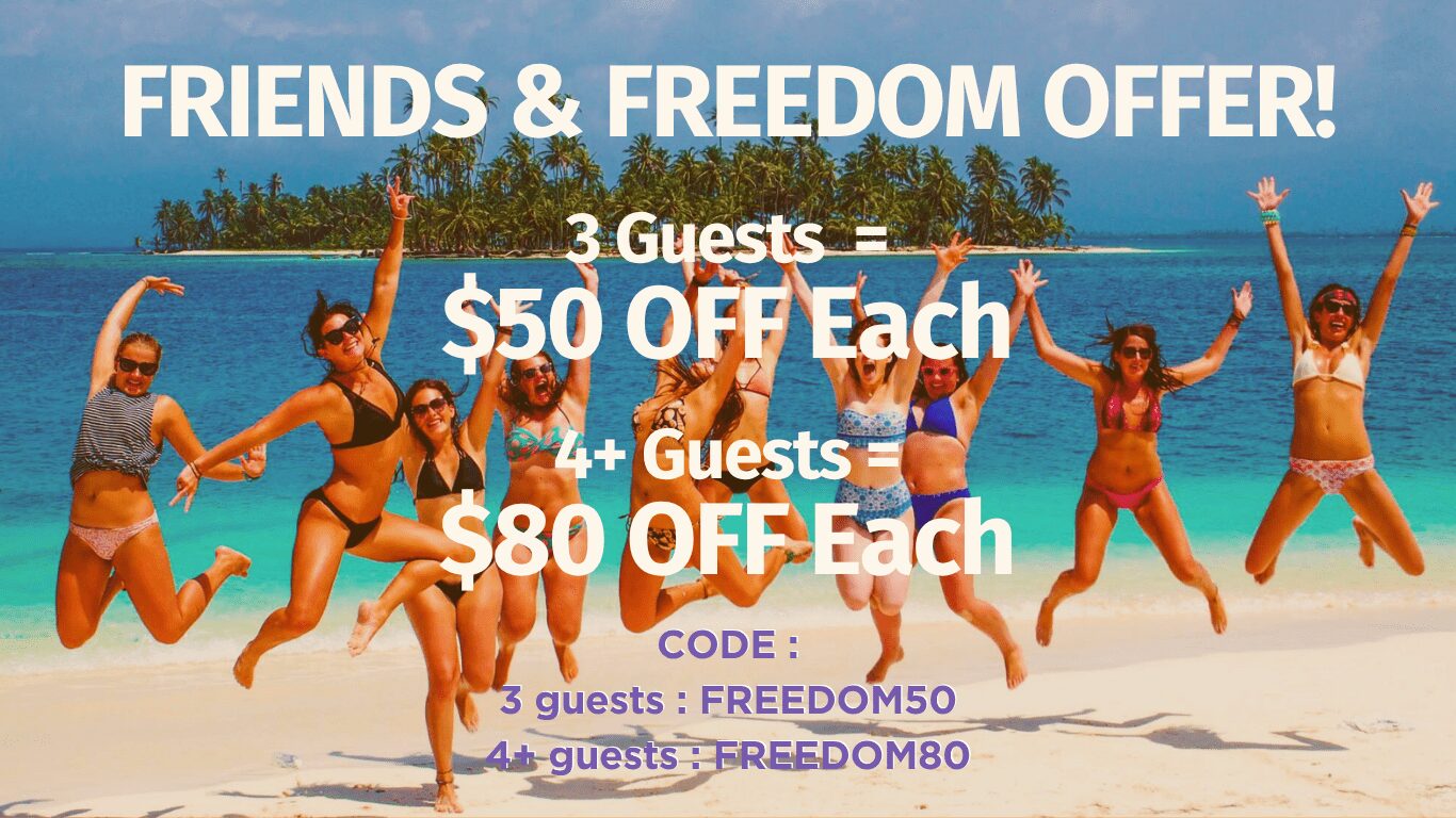 Oferta Amigos y Libertad, $50 de descuento para 3 huéspedes, $80 para 4 o más