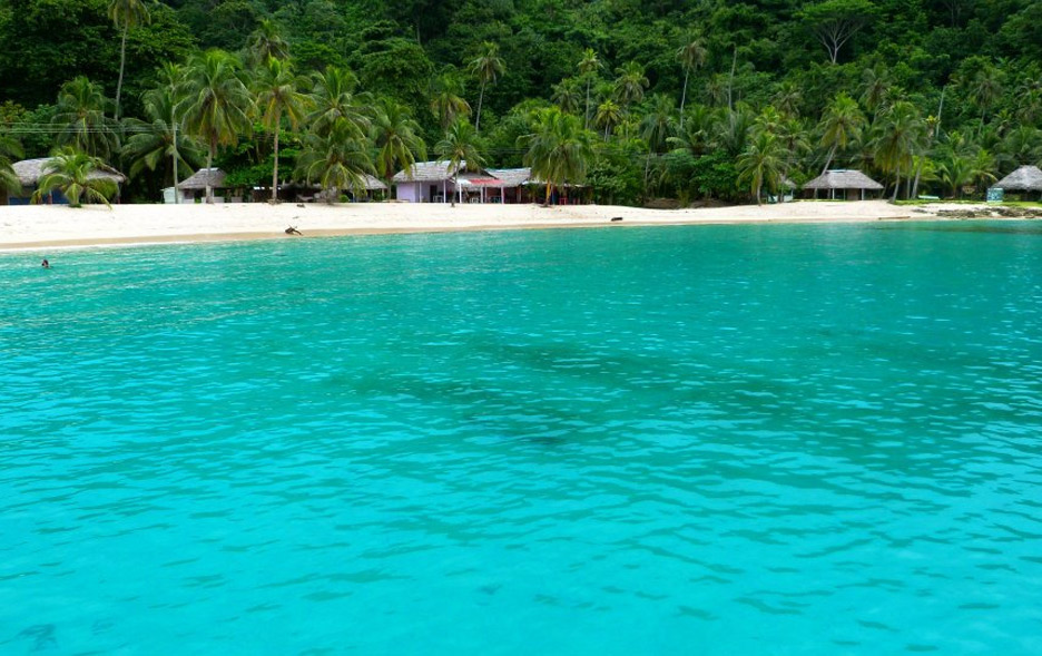 Turquoise water in front of a palm-lined San Blas beach with thatched huts